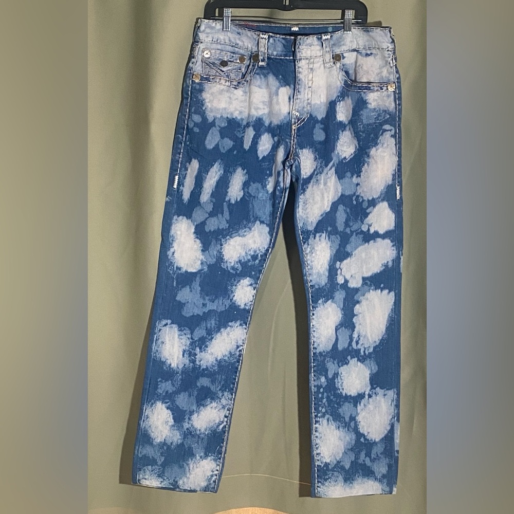 True Religion Ricky Relaxed Straight Distressed Acid Wash Blue Jeans 34 X 30